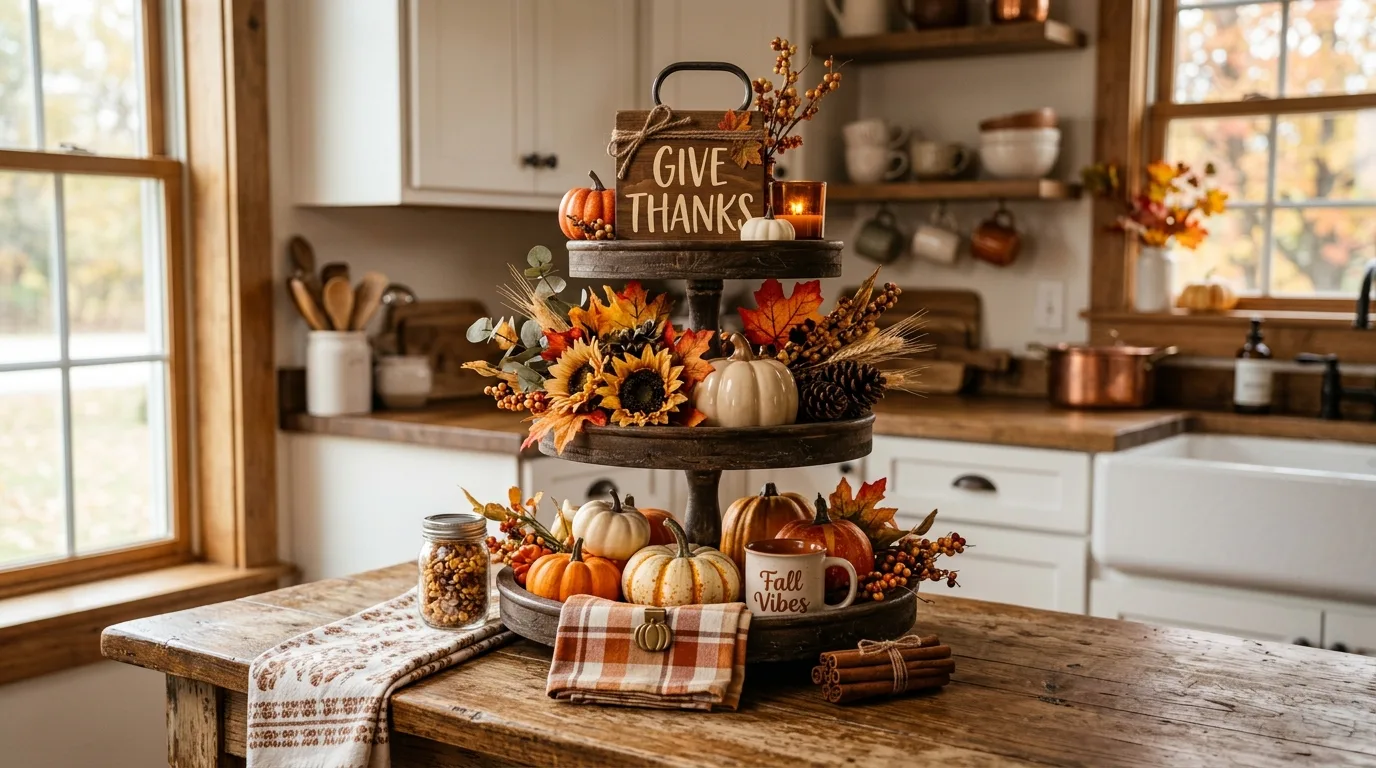Tiered tray with a give thanks sign and pumpkins